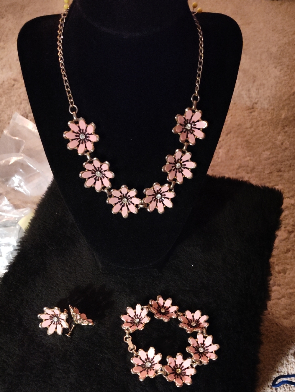 1960s Coro Pink Floral Statement Necklace with Matching Bracelet and Earrings